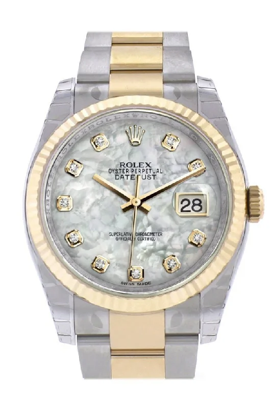 Rolex Oyster Perpetual with red dial -Rolex Datejust 36 White mother-of-pearl Diamond Dial Fluted 18K Gold Two Tone Oyster Watch 116233 Pre-owned