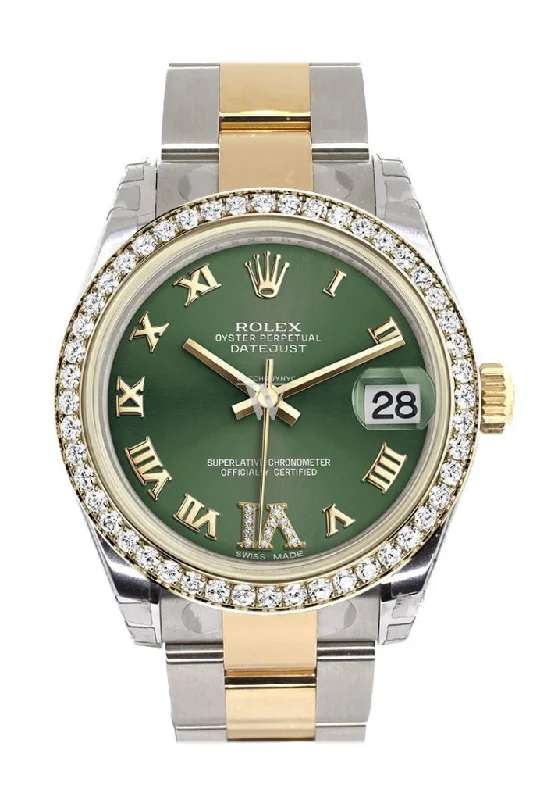 Rolex Submariner Date 40mm with green bezel -Rolex Datejust 31 Olive greenLarge VI Diamonds Dial Diamond Bezel Yellow Gold Two Tone Watch 178383 Pre-owned