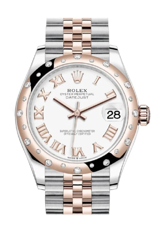 Rolex watches with smooth or fluted bezels -Rolex Datejust 31 White Roman Dial Diamond Bezel Jubilee Rose Gold Two Tone Watch 278341RBR 278341