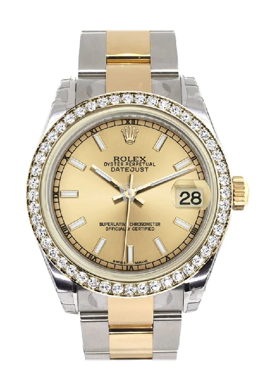 Rolex Submariner with ceramic case -Rolex Datejust 31 Champagne Dial Diamond Bezel Yellow Gold Two Tone Watch 178383 Pre-owned