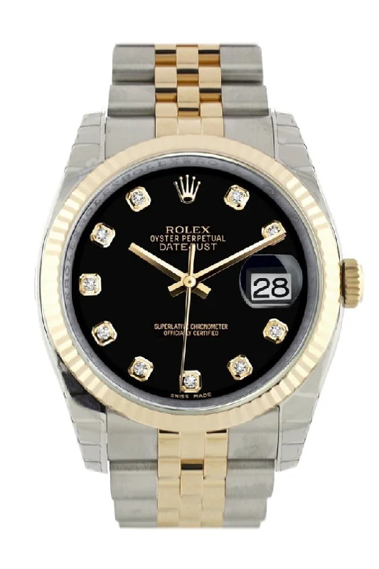 Rolex Datejust with diamond markers -Rolex Datejust 36 Black Diamond Dial Fluted 18K Gold Two Tone Jubilee Watch 116233 Pre-owned