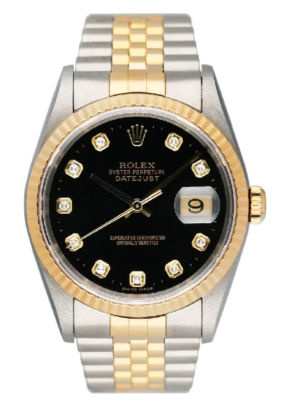 Rolex Datejust 41mm with sapphire crystal -Rolex Datejust 16233 Diamond Black Dial Two Tone Mens Watch