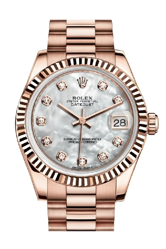 Rolex Daytona with white dial -Rolex Datejust 31 Mother of Pearl Diamond Dial Fluted Bezel 18K Everose Gold President Ladies Watch 178275 Pre-owned