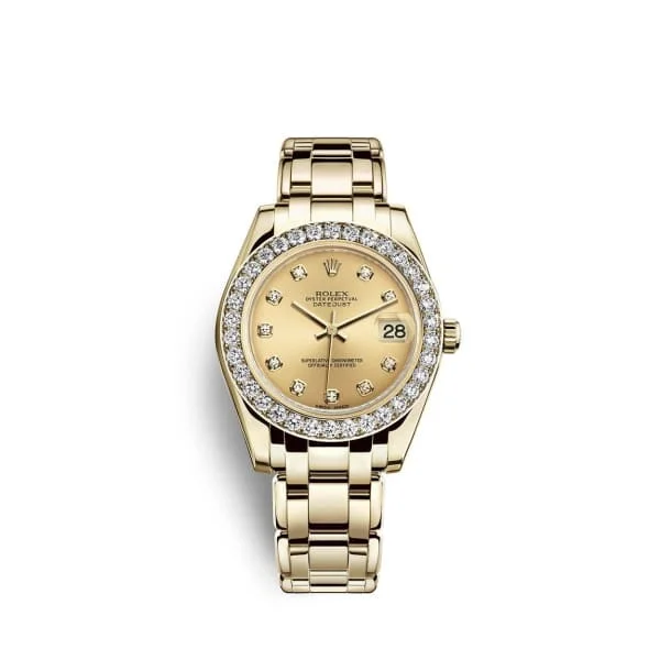 Rolex watches with chronograph functions -Rolex Pearlmaster 34mm - Ref: 81298-0005 - Champagne Diamond Dial & Diamond Bezel, 18K Yellow Gold Bracelet Women's Watch