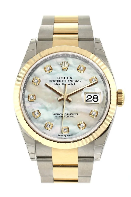 Rolex Yacht-Master with rubber strap -Rolex Datejust 36 White mother-of-pearl Diamonds Dial Fluted Bezel Oyster Yellow Gold Two Tone Watch 126233 NP