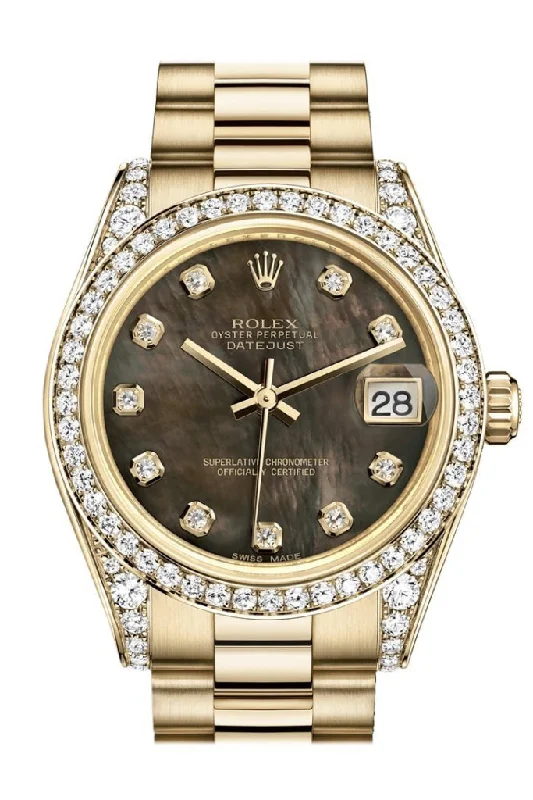 Rolex Submariner with classic red lettering -Rolex Datejust 31 Black Mother of Pearl Diamond Dial Diamond Bezel Lug 18K Yellow Gold President Ladies Watch 178158 Pre-owned