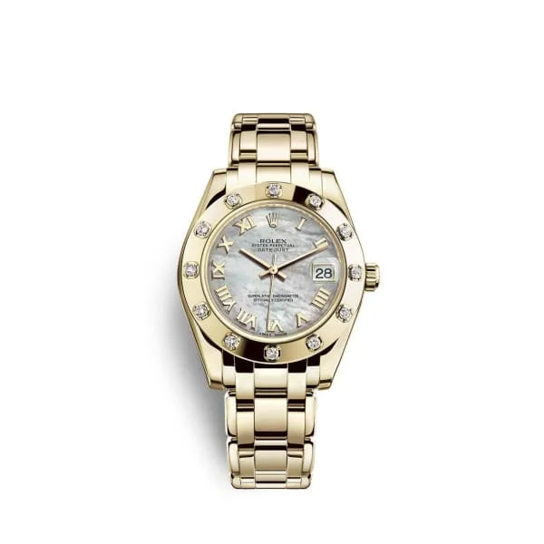 Rolex Datejust with diamond markers -Rolex Pearlmaster 34mm - Ref: 81318-0005 - White mother of Pearl Roman Dial & Diamond Bezel, 18K Yellow Gold Bracelet Women's Watch