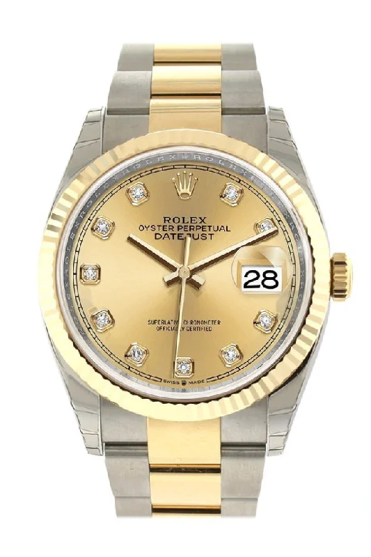 Rolex Day-Date with 18k gold case -Rolex Datejust 36 Champagne-colour set with diamonds Dial Fluted Bezel Oyster Yellow Gold Two Tone Watch 126233 NP