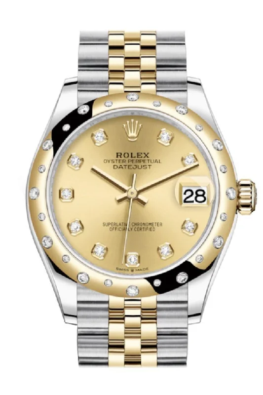 Rolex watches with dual time zone function -Rolex Datejust 31 Champagne Diamonds Dial Diamond Bezel Jubilee Yellow Gold Two Tone Watch 278341RBR 278343 NP