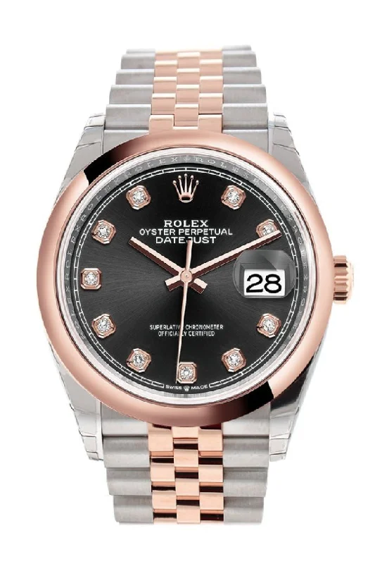 Rolex Datejust with white Roman numerals -Rolex Datejust 36 Black set with diamonds Dial Dome Rose Gold Two Tone Jubilee Watch 126201 NP