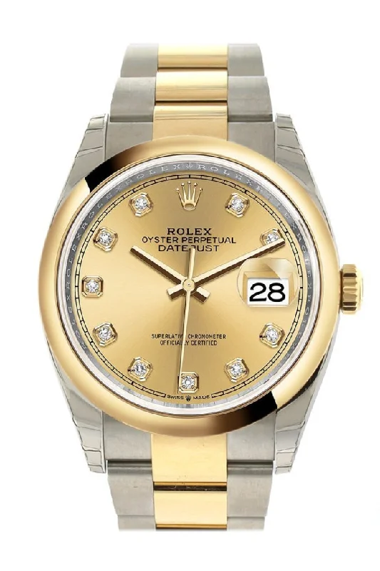 Rolex President Day-Date with diamond markers -Rolex Datejust 36 Champagne Diamonds Dial Dome Bezel Oyster Yellow Gold Two Tone Watch 126203 NP