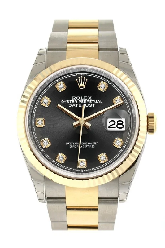 Rolex Datejust with diamond dial -Rolex Datejust 36 Black set with diamonds Dial Fluted Bezel Oyster Yellow Gold Two Tone Watch 126233 NP