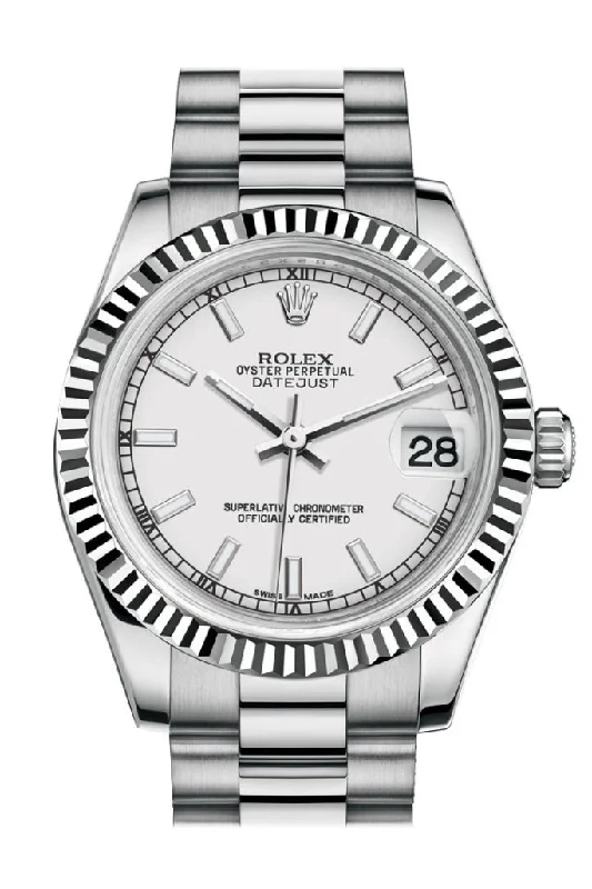 Rolex watches with sapphire crystal -Rolex Datejust 31 White Dial Fluted Bezel 18K White Gold President Ladies Watch 178279 Pre-owned