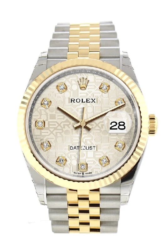 Rolex watches with leather strap -Rolex Datejust 36 Silver Jubilee design set with diamonds Dial Fluted Bezel Jubilee Yellow Gold Two Tone Watch 126233 NP