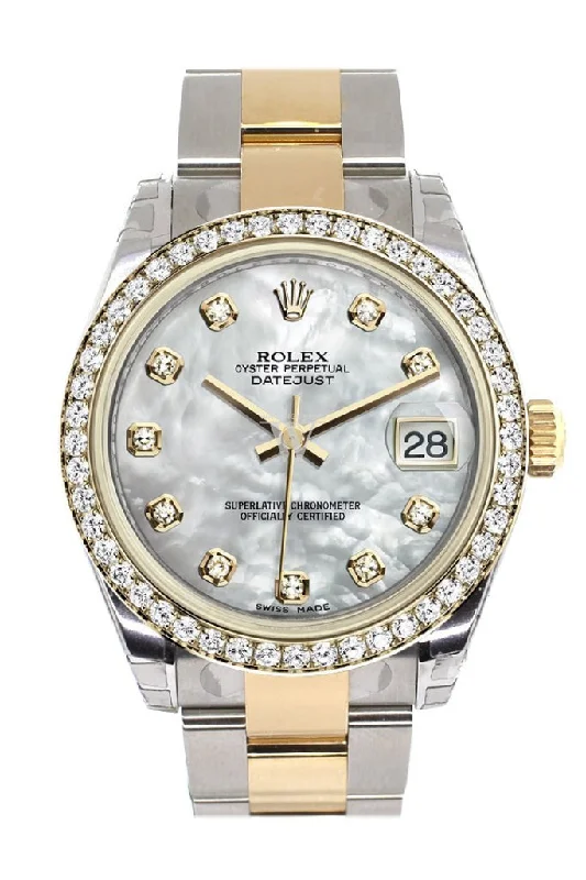 Rolex Submariner with vintage appeal -Rolex Datejust 31 White mother-of-pearl Diamond Dial Diamond Bezel Yellow Gold Two Tone Watch 178383 Pre-owned