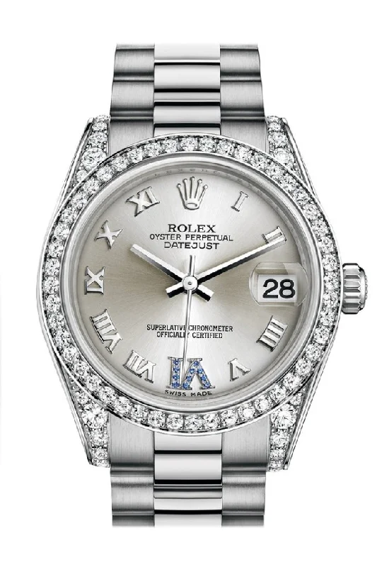 Rolex Chronograph watches with tachymeter -Rolex Datejust 31 Silver Large VI set with sapphires Dial Diamond Bezel Lug 18K White Gold President Ladies Watch 178159 Pre-owned