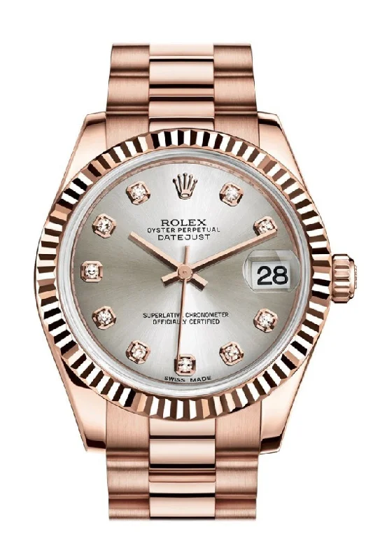 Rolex Sea-Dweller with high-performance features -Rolex Datejust 31 Silver Diamond Dial Fluted Bezel 18K Everose Gold President Ladies Watch 178275 Pre-owned