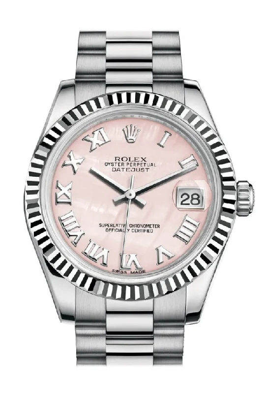 Rolex Sky-Dweller with stainless steel -Rolex Datejust 31 Pink mother-of-pearl Roman Dial Fluted Bezel 18K White Gold President Ladies Watch 178279 Pre-owned