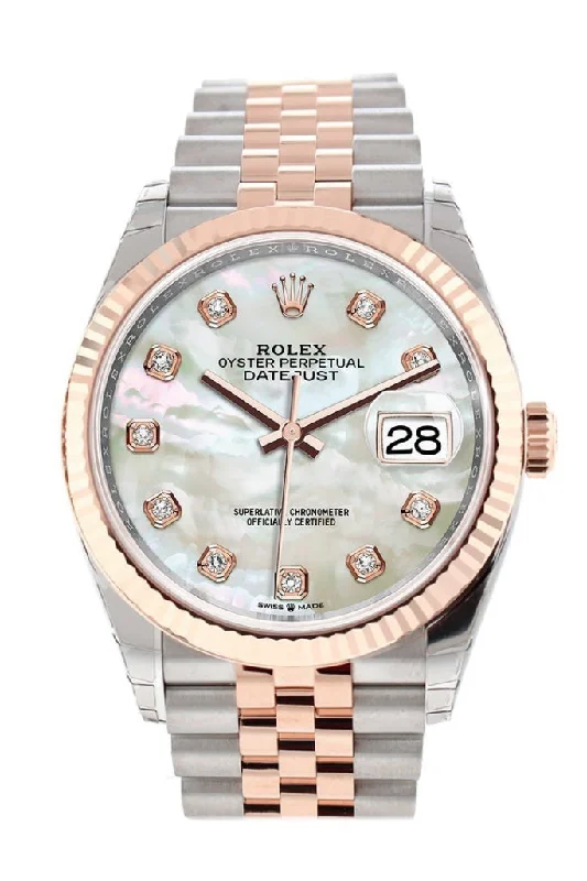 Rolex Datejust 41mm with black dial -Rolex Datejust 36 White Mother-of-Pearl Set with Diamonds Dial Fluted Rose Gold Two Tone Jubilee Watch 126231 NP