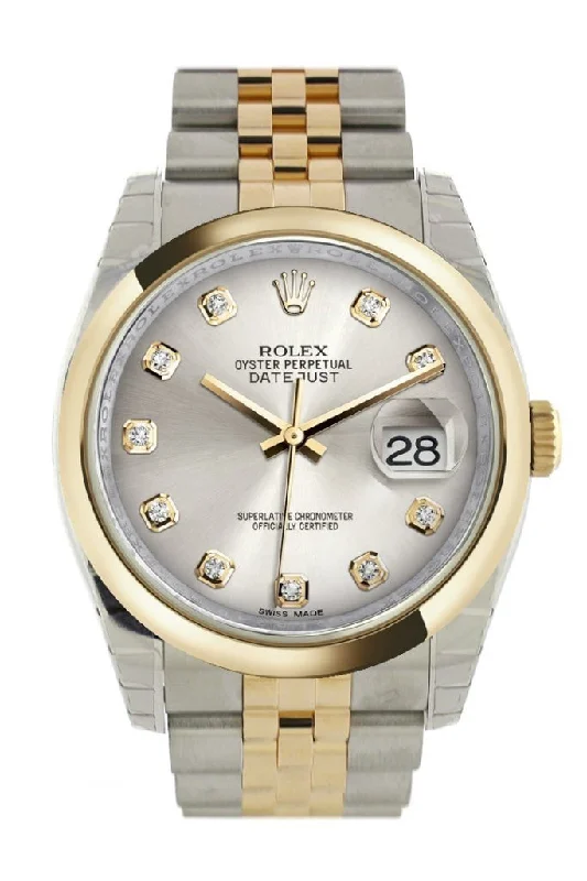 Rolex Daytona with black tachymeter bezel -Rolex Datejust 36 Silver Diamond Dial 18k Gold Two Tone Jubilee Watch 116203 Pre-owned