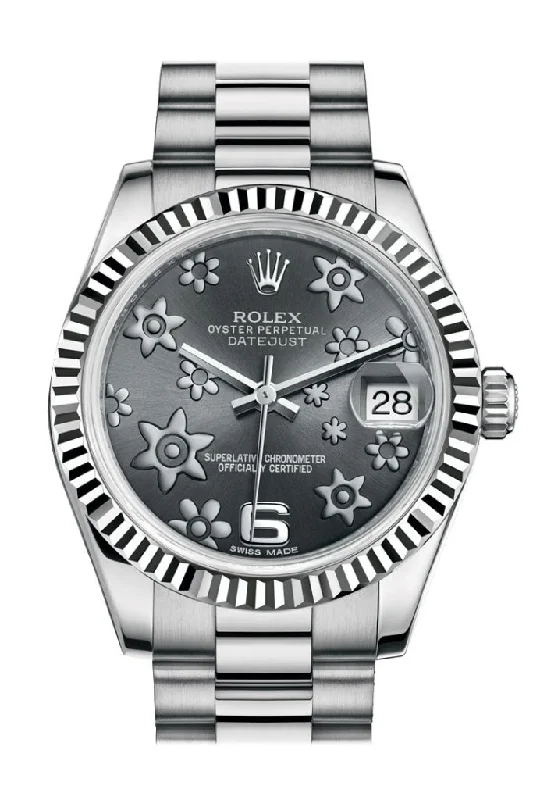 Rolex Submariner with rubber strap -Rolex Datejust 31 Dark Rhodium Raised Floral Motif Dial Fluted Bezel 18K White Gold President Ladies Watch 178279 Pre-owned