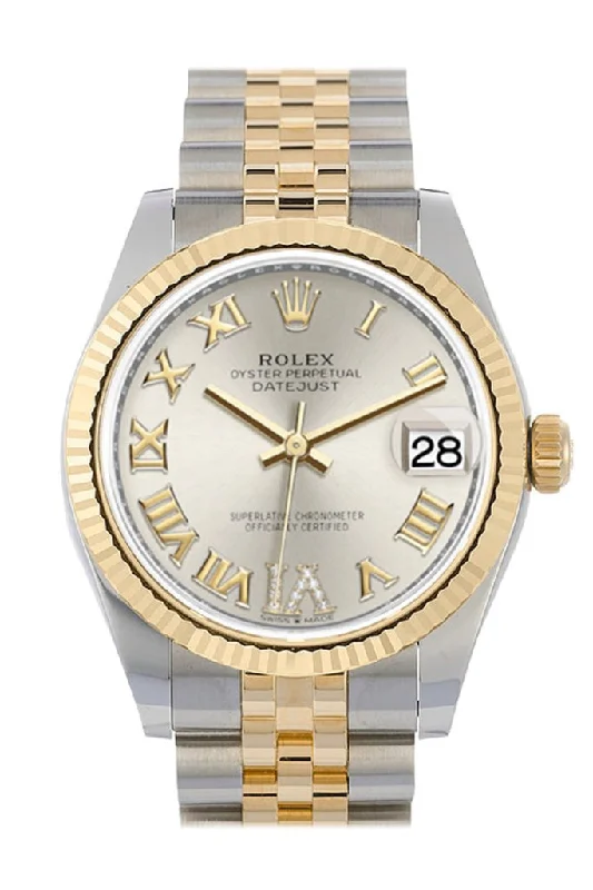 Rolex watches with professional diving features -Rolex Datejust 31 Silver Large VI set with Diamonds Dial Fluted Bezel 18K Yellow Gold Two Tone Jubilee Watch 278273 NP