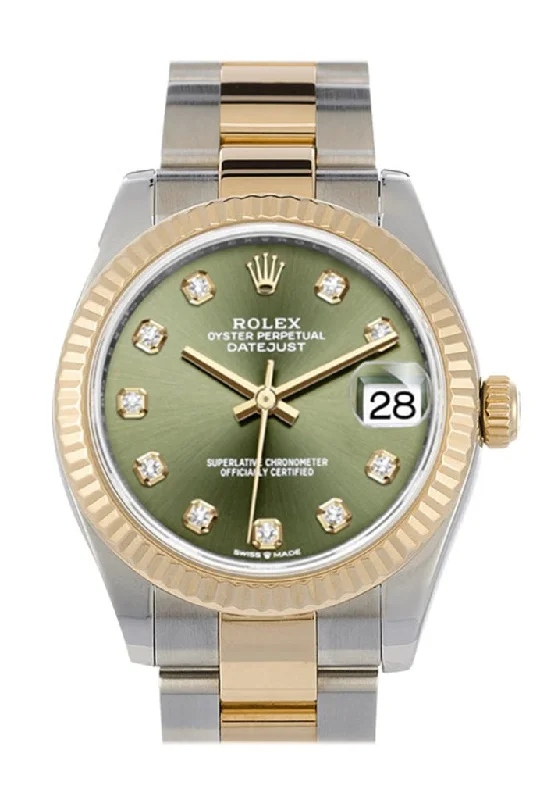 Rolex watches with limited-edition models -Rolex Datejust 31 Olive Green Diamond Dial Fluted Bezel 18K Yellow Gold Two Tone Watch 278273 NP