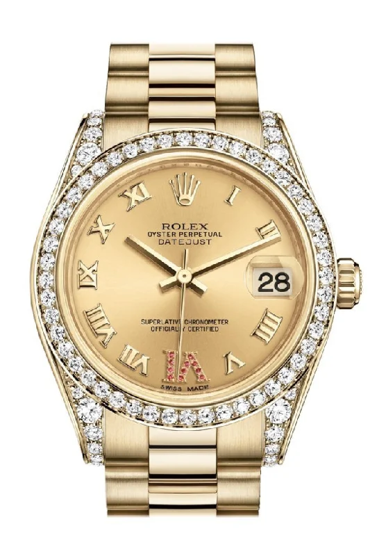 Rolex Datejust with polished silver dial -Rolex Datejust 31 Champagne Large VI Rubies Dial Diamond Bezel Lug 18K Yellow Gold President Ladies Watch 178158 Pre-owned