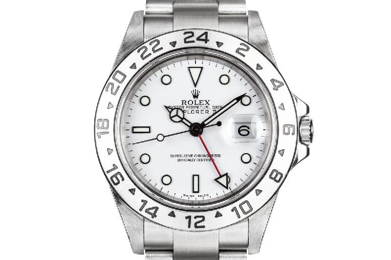 Rolex watches with smooth or fluted bezels -2006 Rolex Explorer II 16570 White Dial with Box and Papers