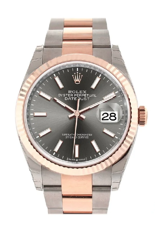 Rolex Oyster Perpetual with black dial -Rolex Datejust 36 Dark Rhodium Dial Fluted Rose Gold Two Tone Watch 126231 NP