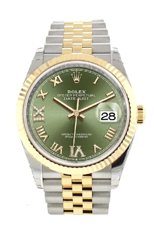 Rolex Oyster Perpetual with smooth bezel -Rolex Datejust 36 Olive green set with diamonds Dial Fluted Bezel Jubilee Yellow Gold Two Tone Watch 126233 NP