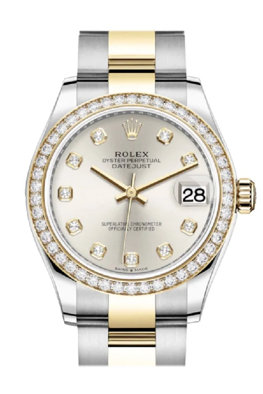 Rolex watches with diamond accents -Rolex Datejust 31 Silver Diamonds Dial Diamond Bezel Yellow Gold Two Tone Watch 278383RBR 278383