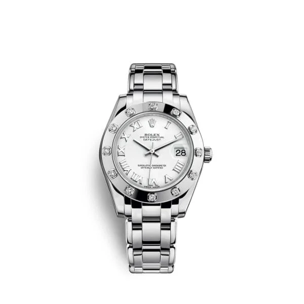 Rolex watches with vintage dials -Rolex Pearlmaster 34mm - Ref: 81319-0008 - White Roman Dial & Diamond Bezel, 18K White Gold Bracelet Women's Watch