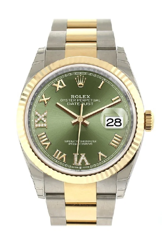 Rolex GMT-Master II with black dial -Rolex Datejust 36 Olive green set with diamonds Dial Fluted Bezel Oyster Yellow Gold Two Tone Watch 126233 NP