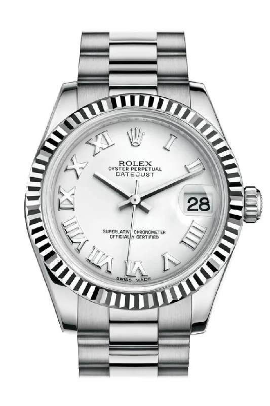 Rolex Milgauss with green crystal glass -Rolex Datejust 31 White Roman Dial Fluted Bezel 18K White Gold President Ladies Watch 178279 Pre-owned