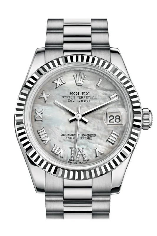 Rolex 2025 edition watches -Rolex Datejust 31 White mother-of-pearl Large VI Diamond Dial Fluted Bezel 18K White Gold President Ladies Watch 178279 Pre-owned