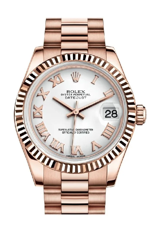 Rolex Datejust with unique leather strap -Rolex Datejust 31 White Roman Dial Fluted Bezel 18K Everose Gold President Ladies Watch 178275 Pre-owned