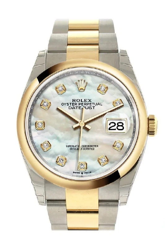 Rolex Submariner with blue bezel -Rolex Datejust 36 White mother-of-pearl Diamonds Dial Dome Bezel Oyster Yellow Gold Two Tone Watch 126203 NP