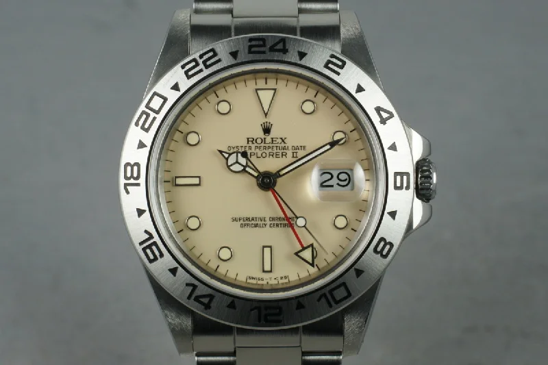 Rolex watches with platinum accents -1986 Rolex Explorer II 16550 Cream Rail Dial