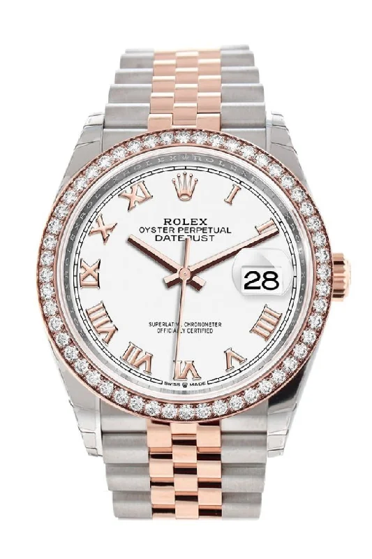 Rolex watches with platinum accents -Rolex Datejust 36 White Roman Dial Diamond Bezel Rose Gold Two Tone Jubilee Watch 126281RBR 126281 NP