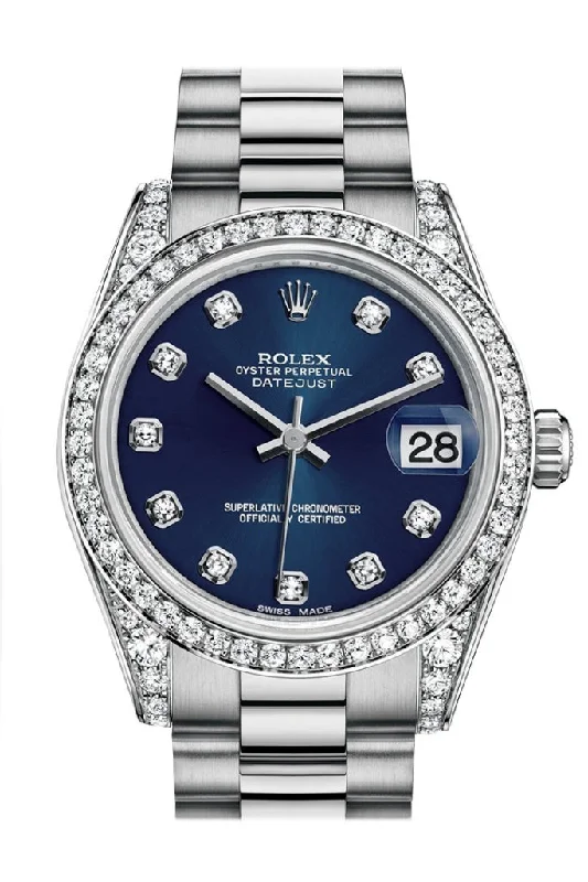 Rolex watches with rotating dive bezel -Rolex Datejust 31 Blue Diamond Dial Diamond Bezel Lug 18K White Gold President Ladies Watch 178159 Pre-owned