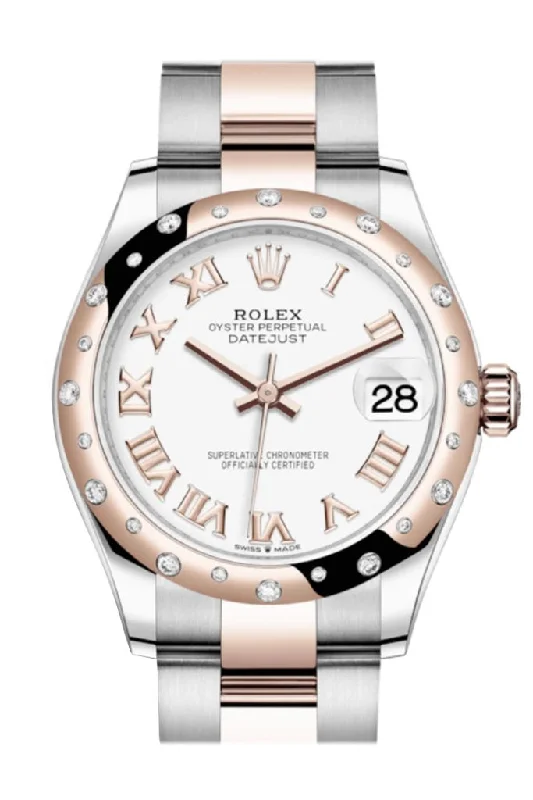 Rolex watches with smooth polished case -Rolex Datejust 31 White Roman Dial Diamond Bezel Rose Gold Two Tone Watch 278341RBR 278341