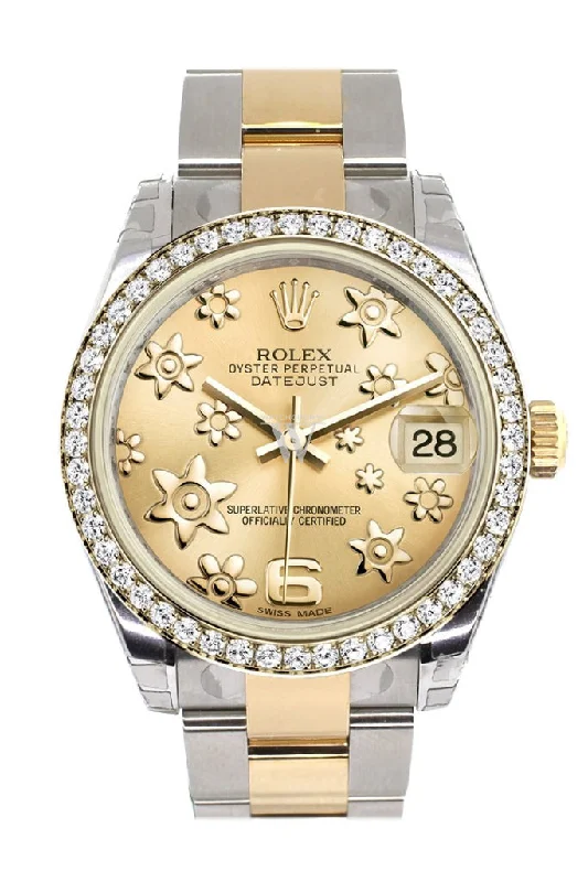 Rolex Explorer with vintage dial design -Rolex Datejust 31 Champagne raised floral motif Dial Diamond Bezel Yellow Gold Two Tone Watch 178383 Pre-owned