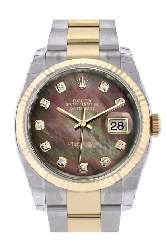 Rolex Explorer I with stainless steel case -Rolex Datejust 36 Black mother-of-pearl Diamond Dial Fluted 18K Gold Two Tone Oyster Watch 116233 Pre-owned