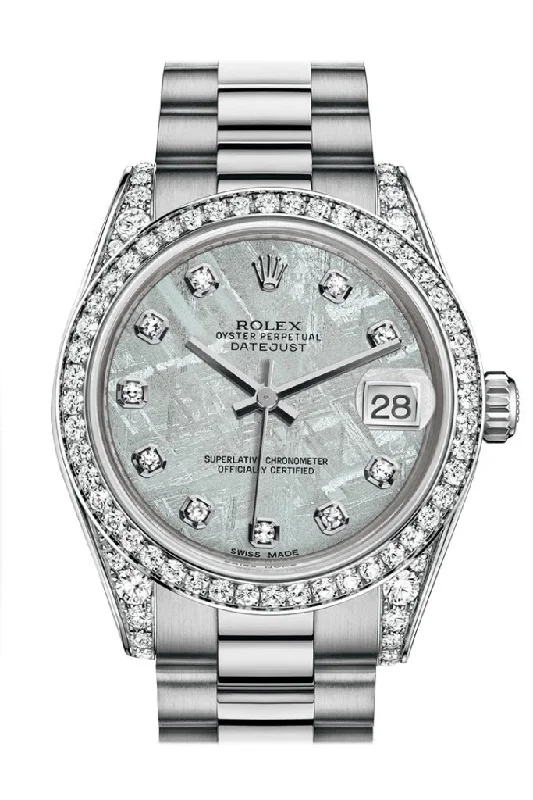 Rolex watches with stainless steel bracelet -Rolex Datejust 31 Meteorite Diamond Dial Diamond Bezel Lug 18K White Gold President Ladies Watch 178159 Pre-owned