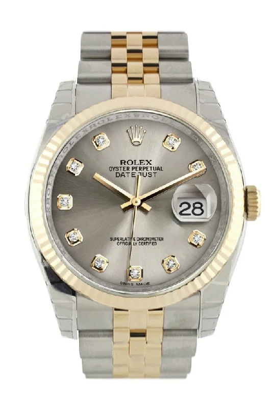 Rolex Submariner with polished finish -Rolex Datejust 36 Steel Diamond Dial Fluted 18K Gold Two Tone Jubilee Watch 116233 Pre-owned