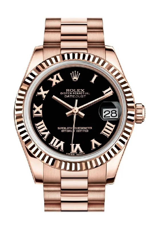 Rolex Oyster Perpetual with red dial -Rolex Datejust 31 Black Roman Dial Fluted Bezel 18K Everose Gold President Ladies Watch 178275 Pre-owned