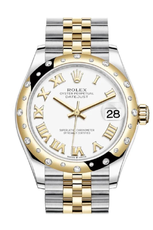 Rolex watches with anniversary edition designs -Rolex Datejust 31 White Roman Dial Diamond Bezel Jubilee Yellow Gold Two Tone Watch 278343RBR 278343 NP