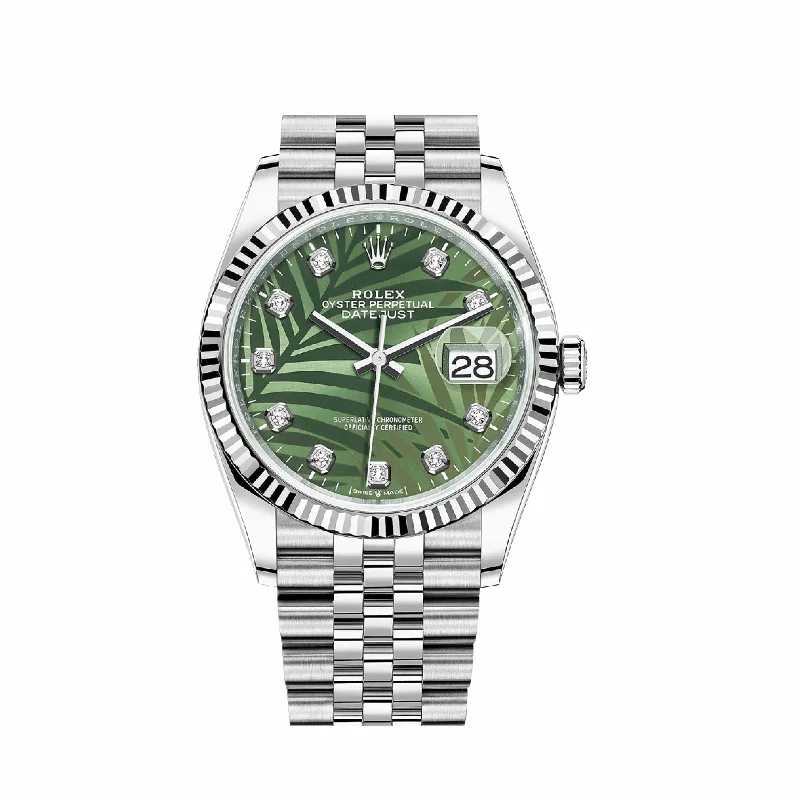 Rolex Explorer II with dual-time zone display -Rolex Datejust 126234 White Gold Stainless Steel Palm Motif Diamond Dial Jubilee (2023)