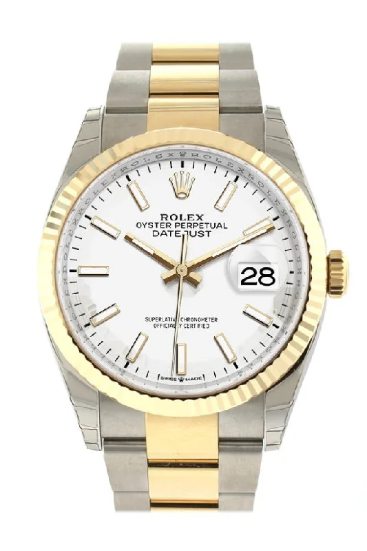 Rolex black dial watches for men -Rolex Datejust 36 White Dial Fluted Bezel Oyster Yellow Gold Two Tone Watch 126233 NP